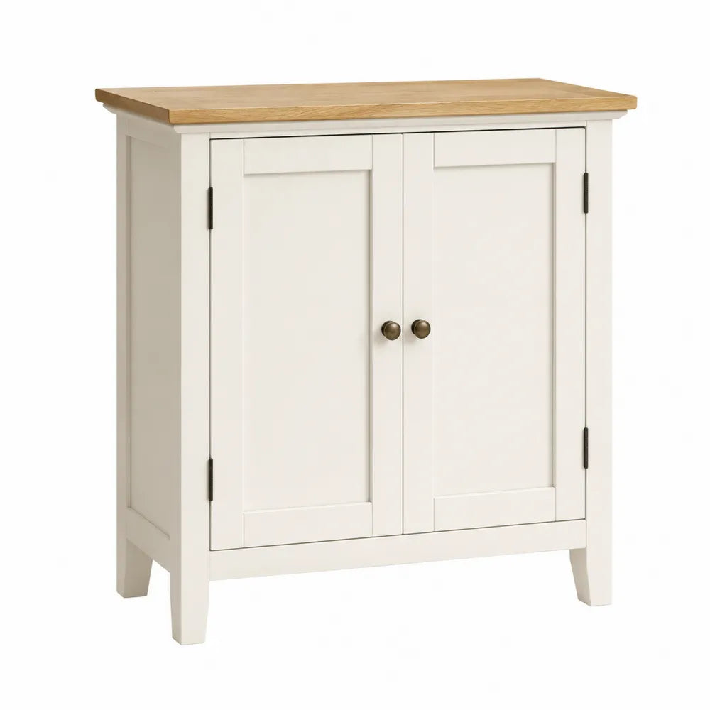 Meuble de rangement 2 portes en MDF blanc cassé avec plateau décor chêne clair 80 cm x 35 cm x 81 cm