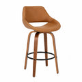 Tabouret de bar pivotant avec dossier en similicuir PU cognac et pieds en contreplaqué cintré noyer avec repose-pieds en métal noir 54 x 54 x 96 cm
