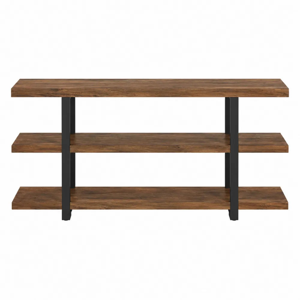 Console de rangement rectangulaire 3 niveaux en bois décor noyer et métal noir 120 cm x 30 cm x 80 cm