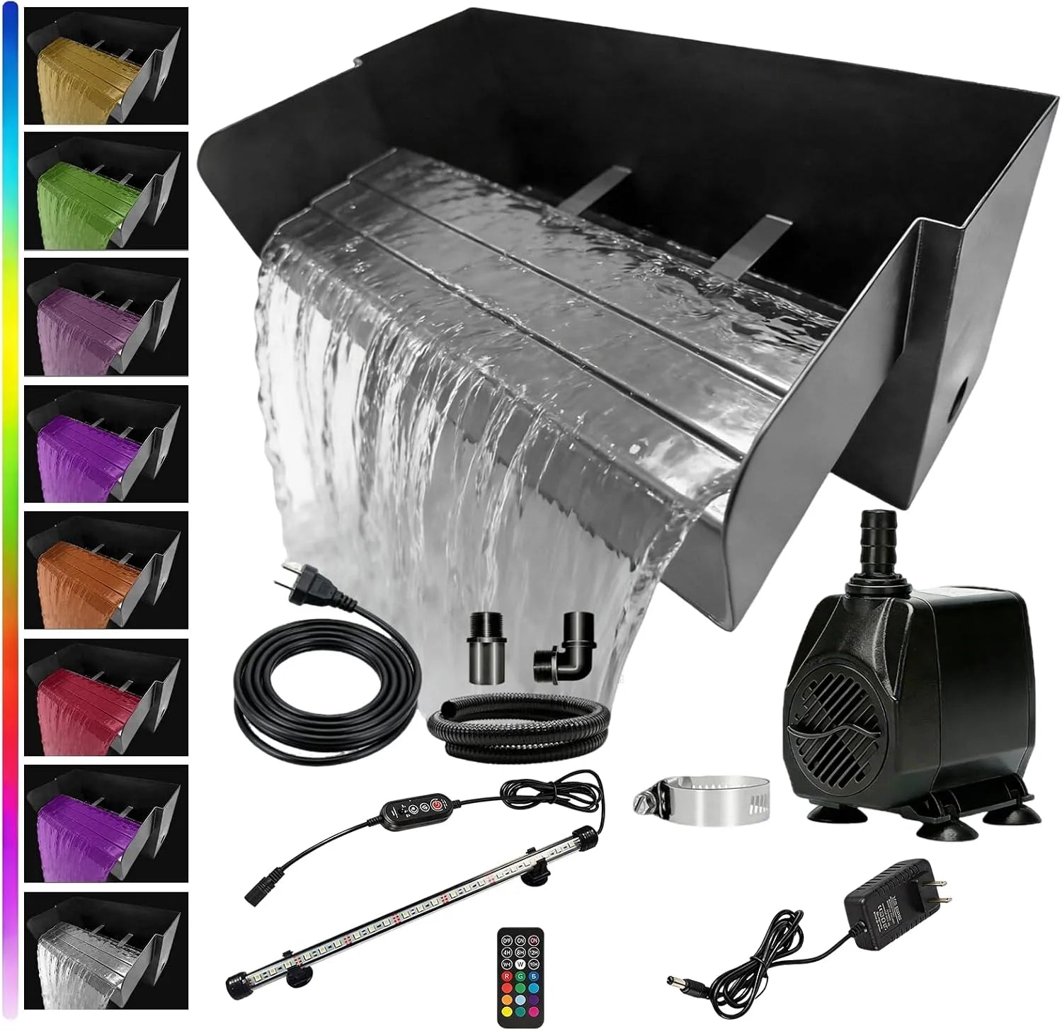 Cascade pour Bassin De Jardin, Ensemble Cascade en Acier Inoxydable De 30 Cm avec éClairage LED Fontaine De Bassin De Jardin 45 W 3000 L/H pour Bassin