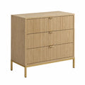 Commode 3 tiroirs en MDF décor chêne clair avec façades rainurées et piètement métal doré 100 cm x 40 cm x 80 cm