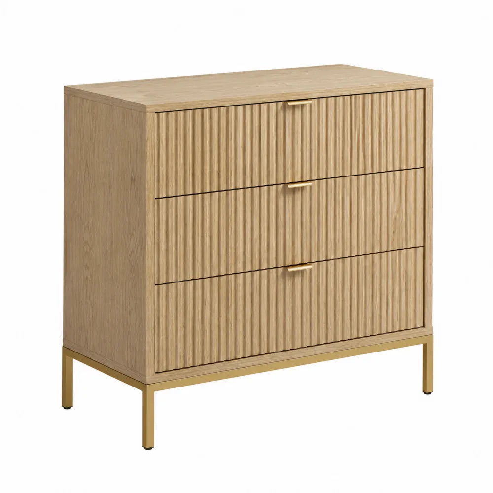 Commode 3 tiroirs en MDF décor chêne clair avec façades rainurées et piètement métal doré 100 cm x 40 cm x 80 cm