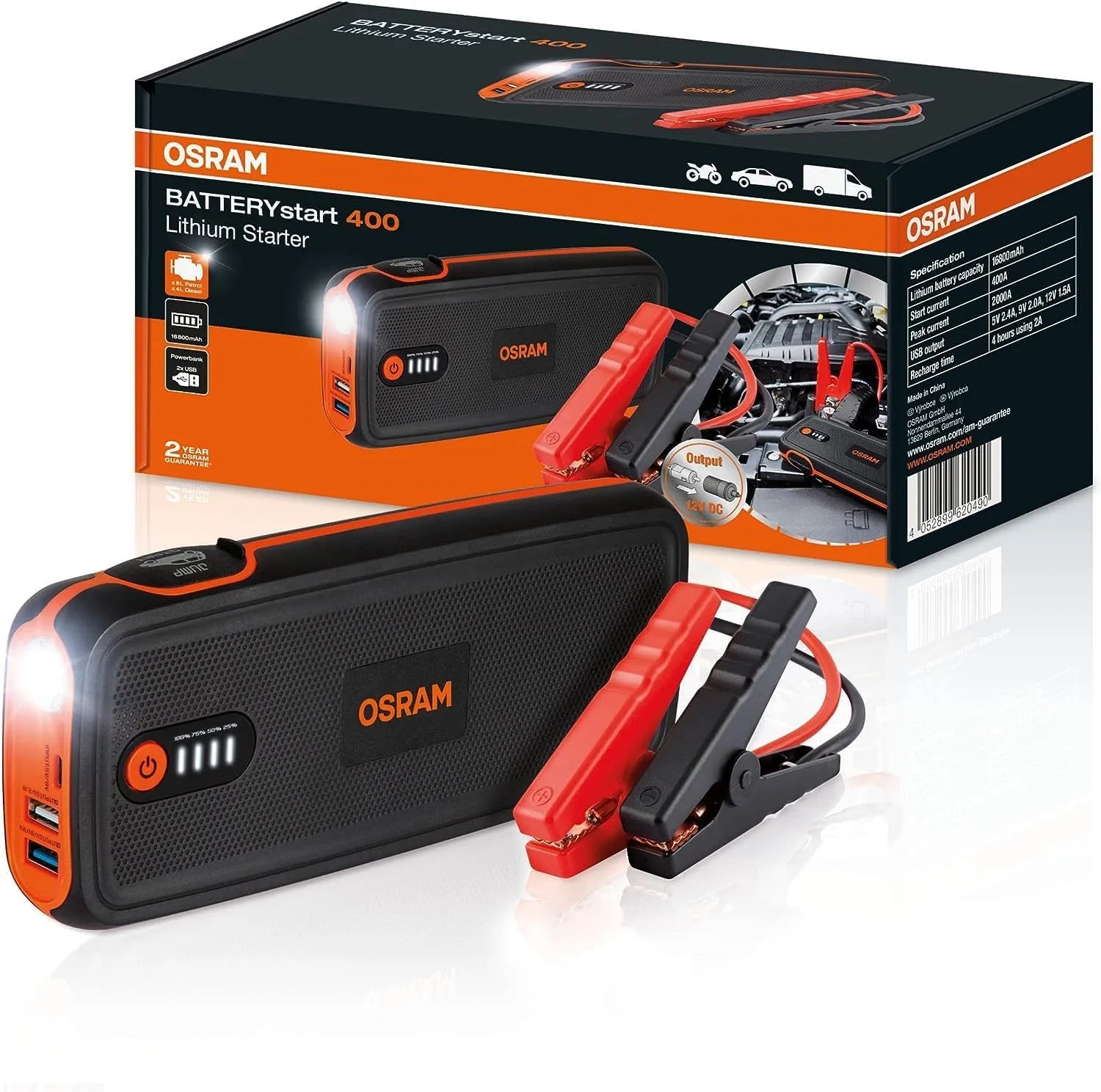 OSRAM BATTERYstart 400, démarreur au Lithium 16800 mAh pour véhicules avec Un Moteur à Essence jusqu'à 8l et Un Moteur Diesel 4l