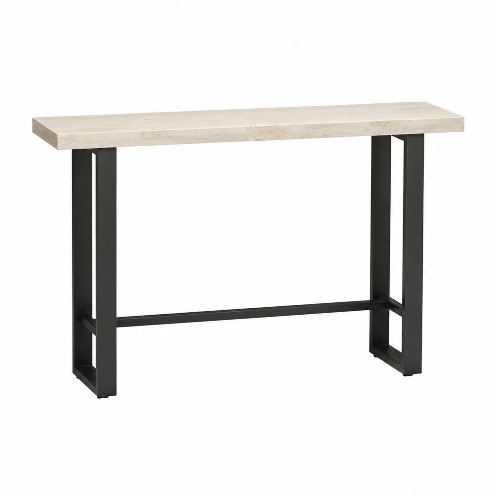 Console 120 x 35 x 75 cm plateau en pierre frittée effet travertin beige structure en acier noir table rectangulaire
