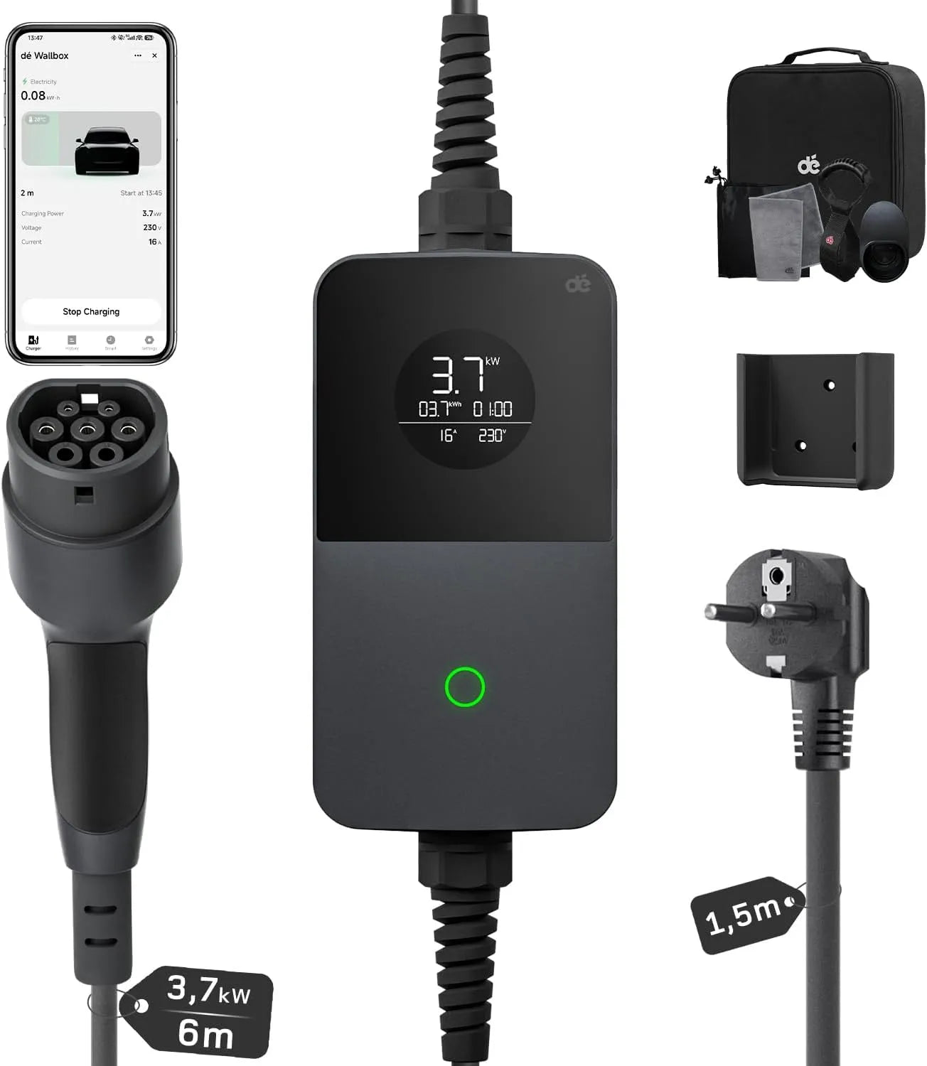 Borne de recharge pour voiture électrique et chargeur EV mobile, 3,7kW, 16A, 6m, Type 2, pour véhicule et alimentation mobile