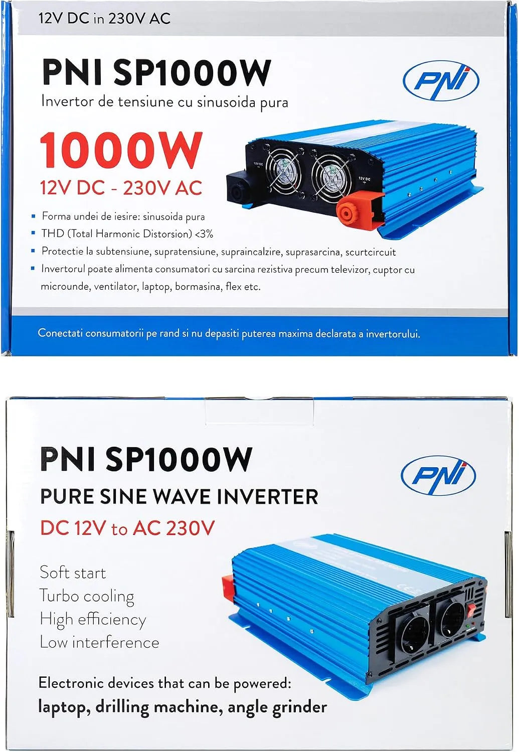 PNI SP1000W Convertisseur CC-CA et convertisseur de tension, 12 V, 230 V, pour véhicule et alimentation mobile, onde sinusoïdale pure, prise Schuko