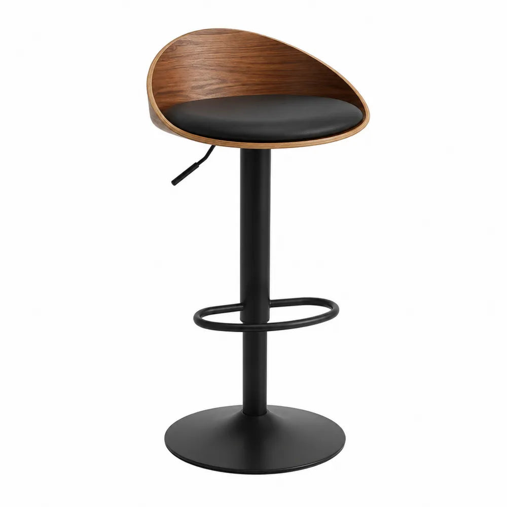 Tabouret de bar réglable pivotant en contreplaqué cintré placage noyer avec coussin PU noir et base en acier noir 52 cm x 50 cm x 84 à 105 cm