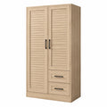 Armoire de rangement haute 2 portes 2 tiroirs en MDF décor chêne clair avec poignées noires 90 cm x 40 cm x 170 cm