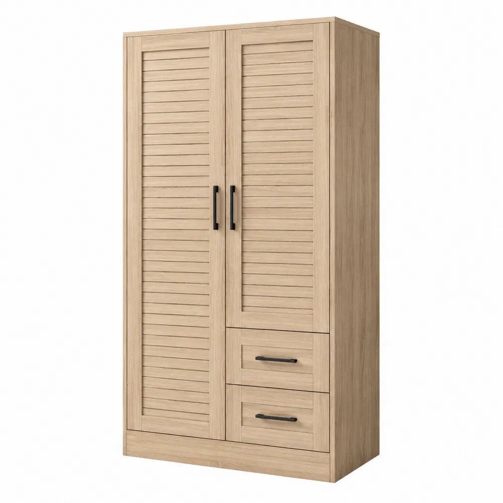 Armoire de rangement haute 2 portes 2 tiroirs en MDF décor chêne clair avec poignées noires 90 cm x 40 cm x 170 cm