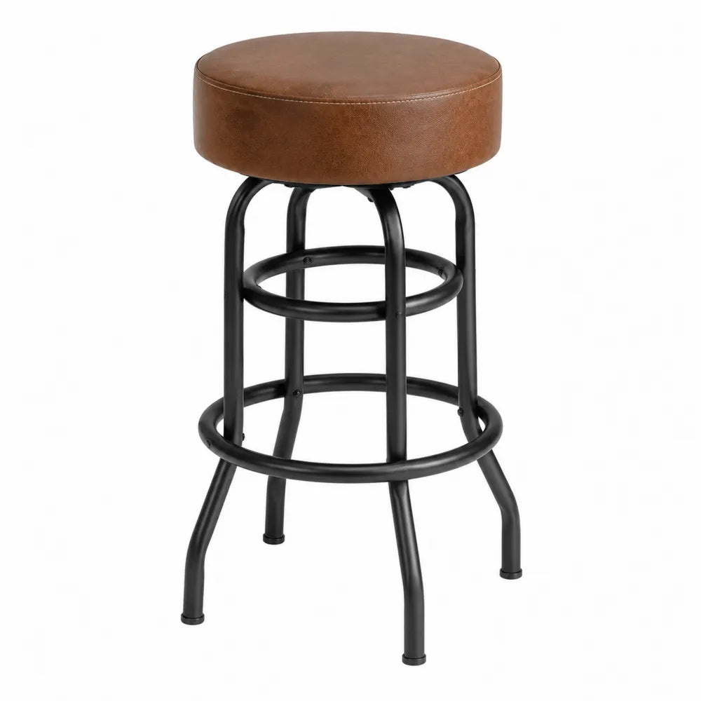 Tabouret de bar rond 42 x 42 x 66 cm assise PU marron cognac structure en acier thermolaqué noir avec repose-pieds circulaire