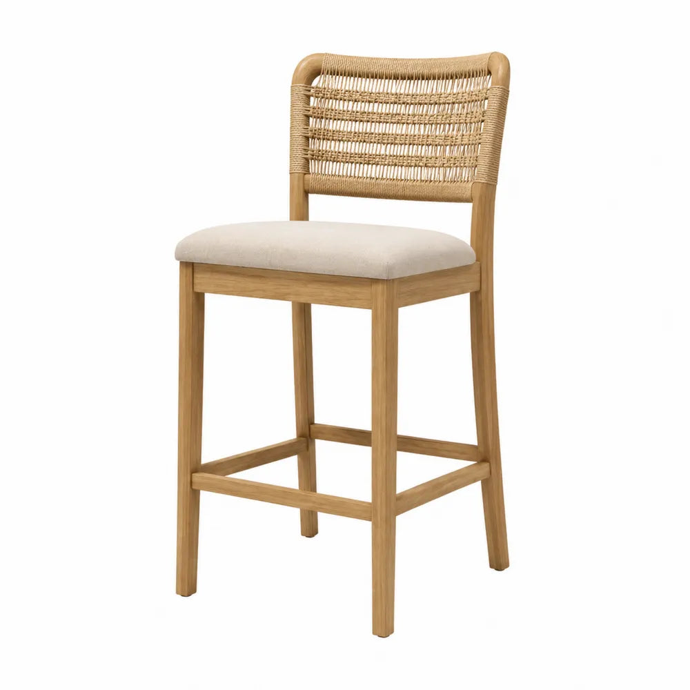 Tabouret de bar fixe avec dossier en rotin tressé et assise rembourrée polyester beige structure bois chêne clair 46 cm x 50 cm x 101 cm