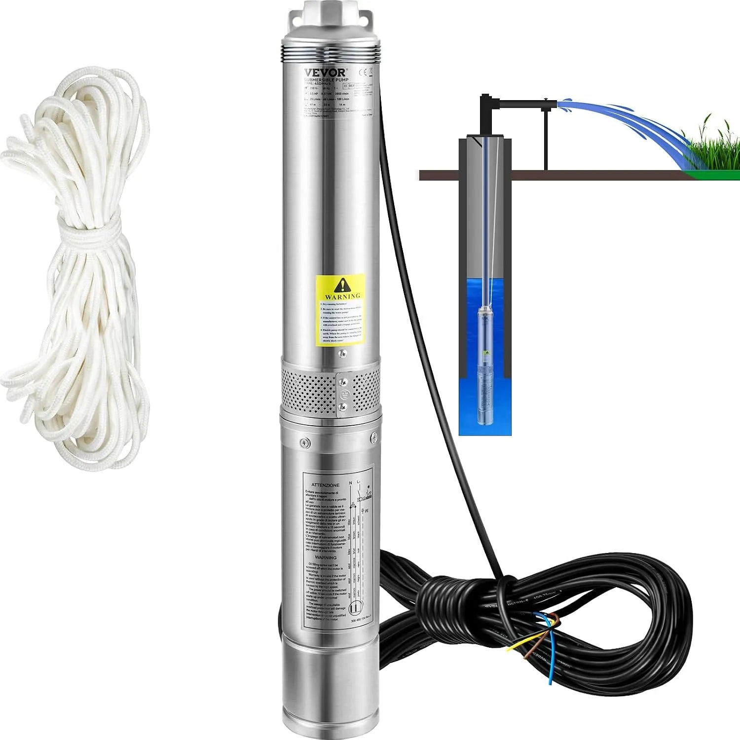 VEVOR Pompe à eau et pompe de transfert, 6600 L/h, 370 W, 44 m