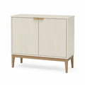 Meuble de rangement 2 portes en MDF blanc cassé avec façades rainurées et pieds en bois naturel 100 cm x 40 cm x 85 cm