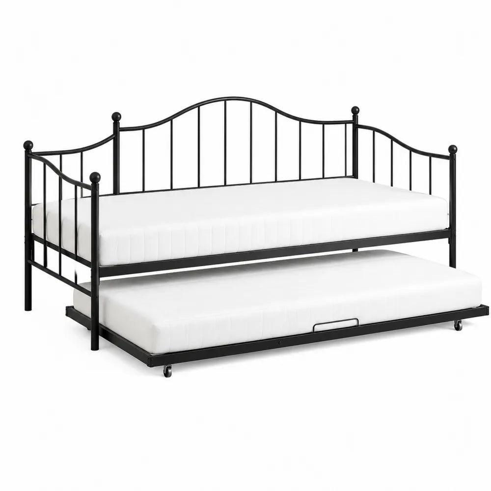 Lit de jour gigogne 1 place en acier noir avec 2 matelas blancs 90 x 190 cm 206 x 96 x 103 cm