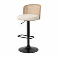 Tabouret de bar réglable pivotant avec dossier en rotin cannage assise polyester crème structure bois chêne clair base acier noir 50 cm x 48 cm x 86 à 107 cm