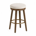 Tabouret de bar rond fixe sans dossier en polyester bouclé crème bois hévéa massif brun noyer avec repose-pieds laiton 45 cm x 45 cm x 66 cm