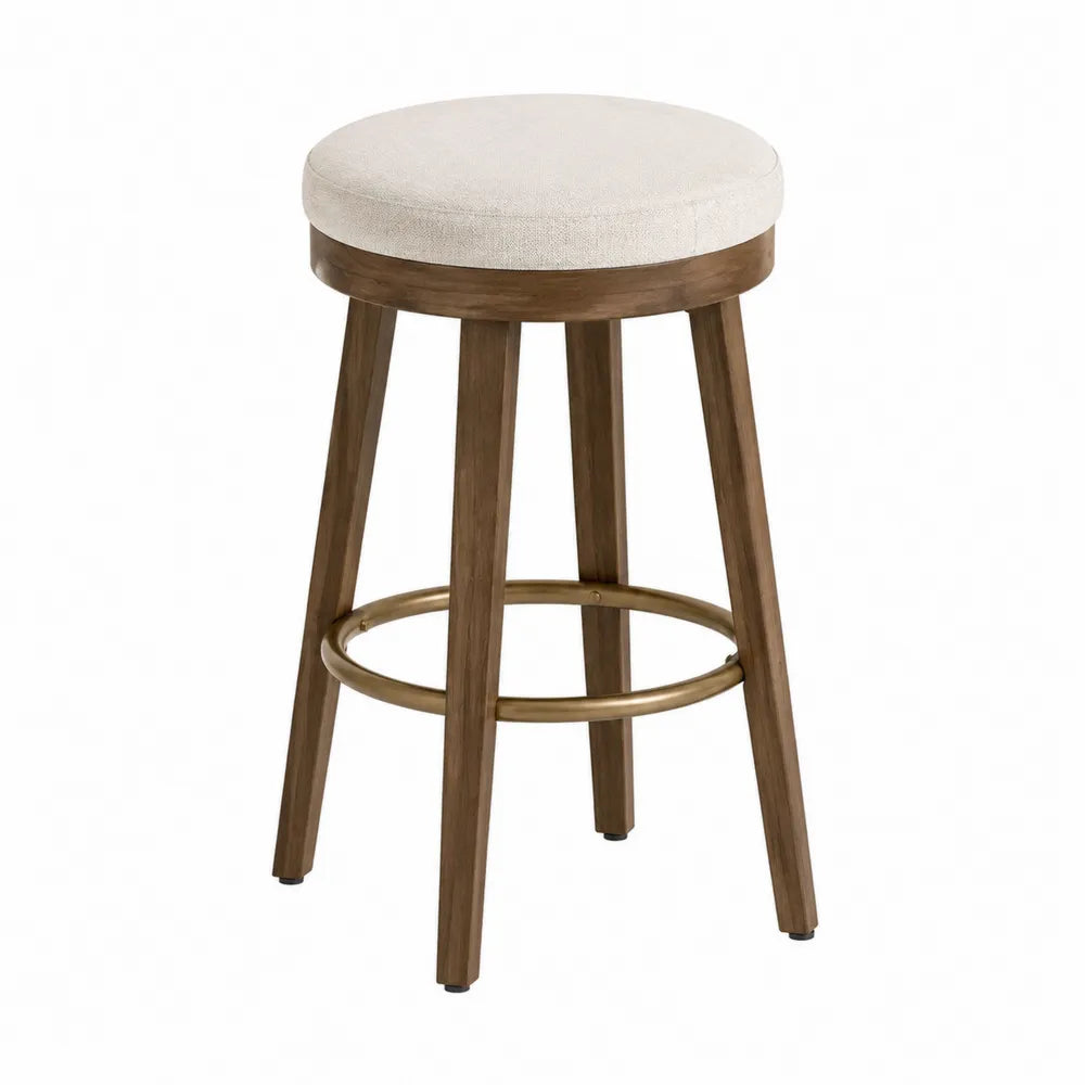 Tabouret de bar rond fixe sans dossier en polyester bouclé crème bois hévéa massif brun noyer avec repose-pieds laiton 45 cm x 45 cm x 66 cm
