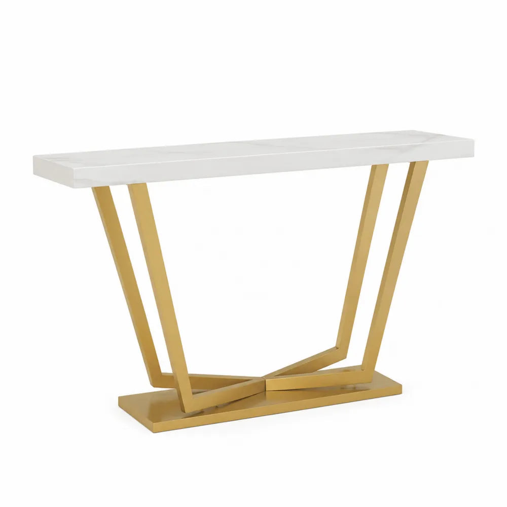 Console de salon rectangulaire plateau effet marbre blanc structure en métal doré 120 cm x 35 cm x 80 cm