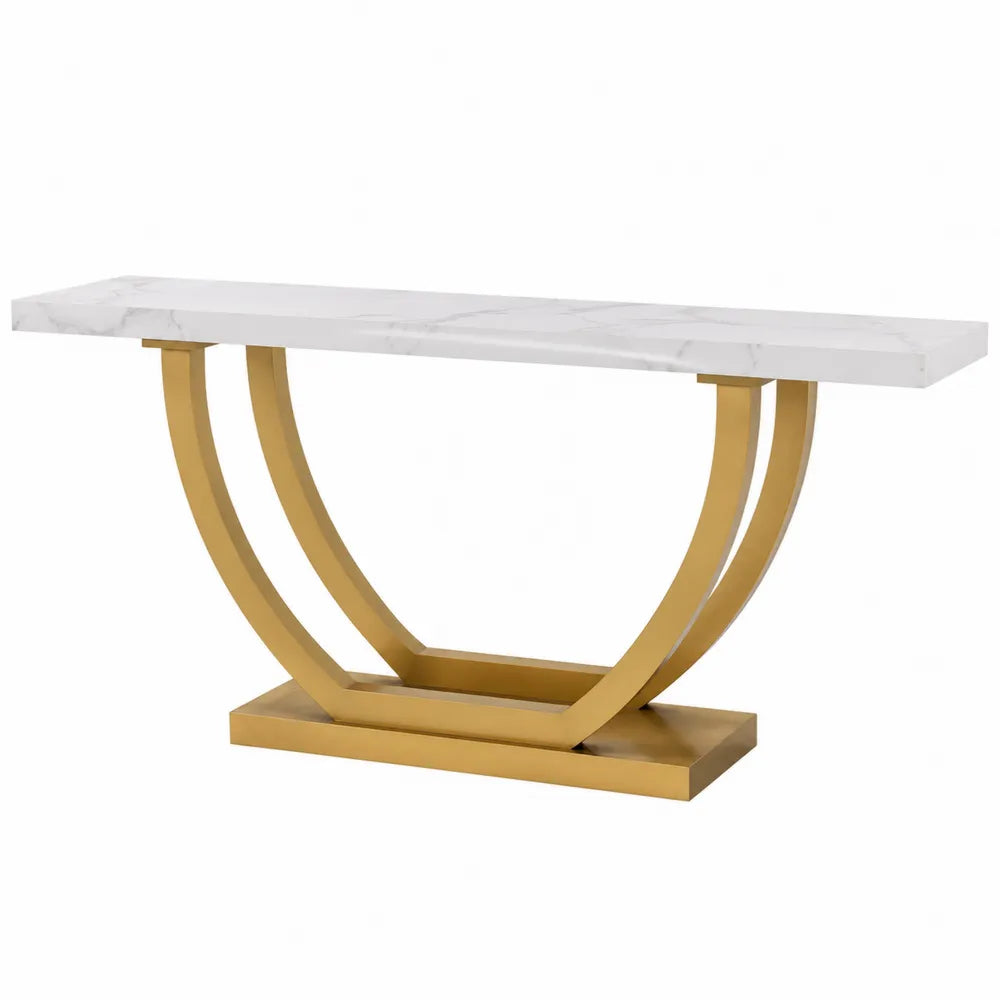Console rectangulaire plateau effet marbre blanc structure en acier doré 120 cm x 35 cm x 78 cm