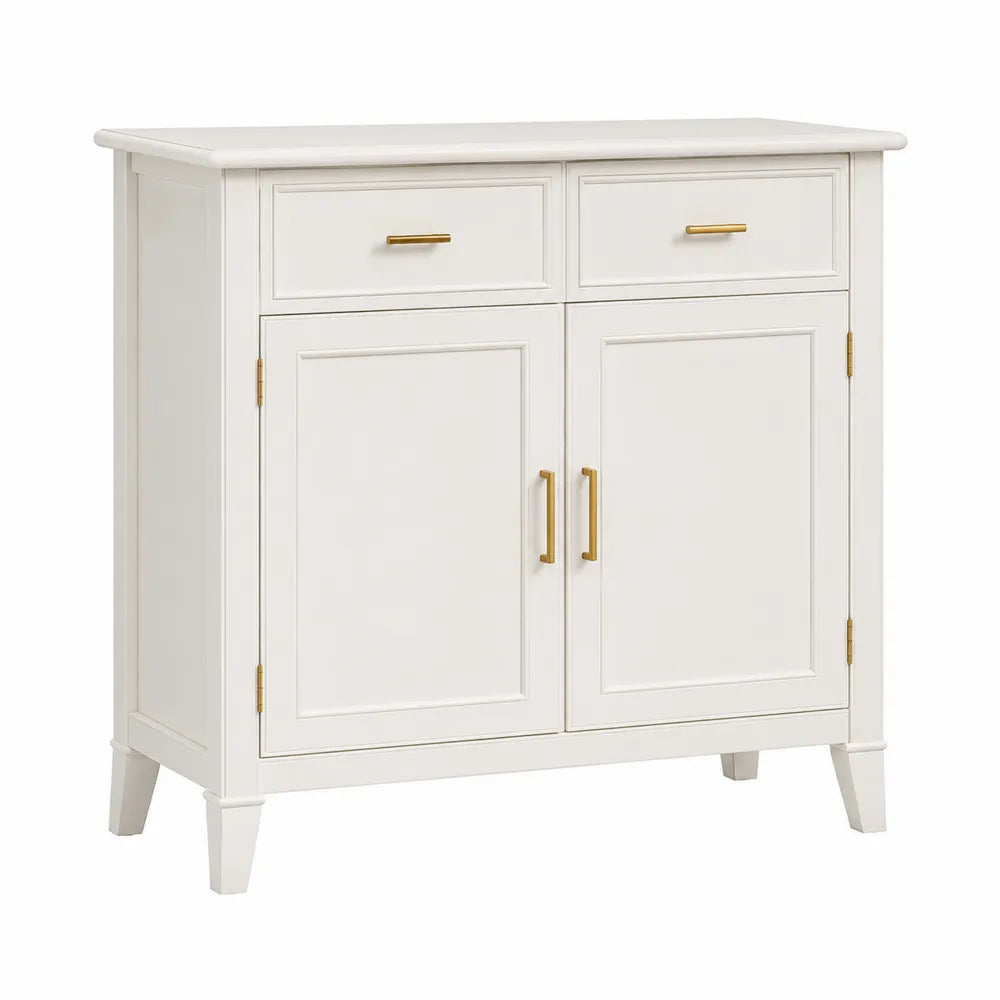 Meuble de rangement 2 portes 2 tiroirs en MDF blanc cassé avec poignées dorées 90 cm x 40 cm x 92 cm
