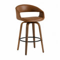 Tabouret de bar fixe avec dossier en similicuir PU cognac bois massif brun et repose-pieds métal noir 52 cm x 54 cm x 105 cm