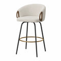 Tabouret de bar fixe 55 x 53 x 99 cm assise en polyester bouclé écru structure en acier noir repose-pieds doré accoudoirs en bois massif