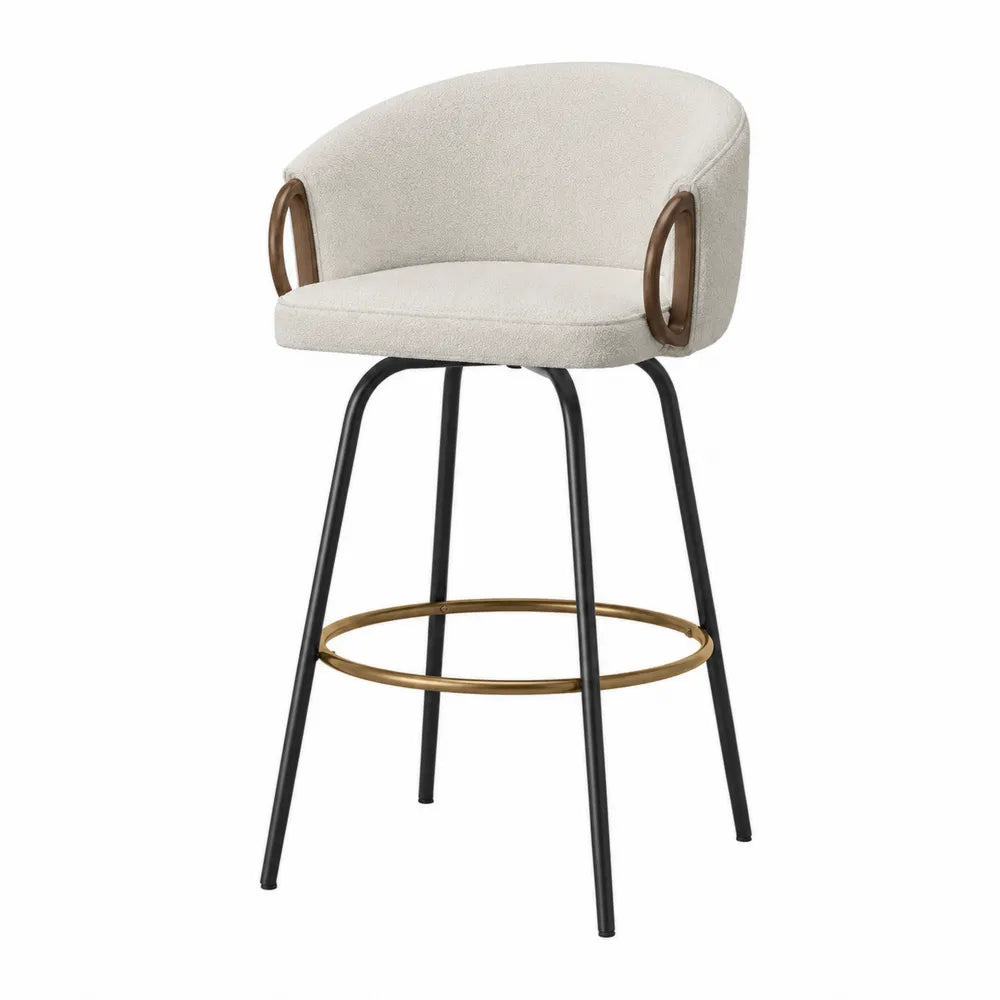Tabouret de bar fixe 55 x 53 x 99 cm assise en polyester bouclé écru structure en acier noir repose-pieds doré accoudoirs en bois massif