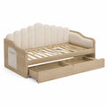 Lit de jour gigogne rectangulaire 207 cm x 98 cm x 91 cm en MDF chêne clair et polyester bouclé beige avec tiroirs de rangement