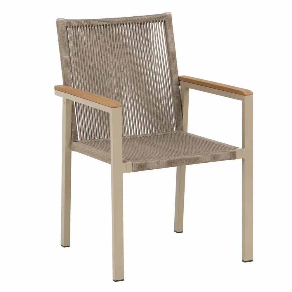 Fauteuil de jardin avec accoudoirs en aluminium beige corde polyester taupe et accoudoirs en acacia 60 cm x 62 cm x 90 cm