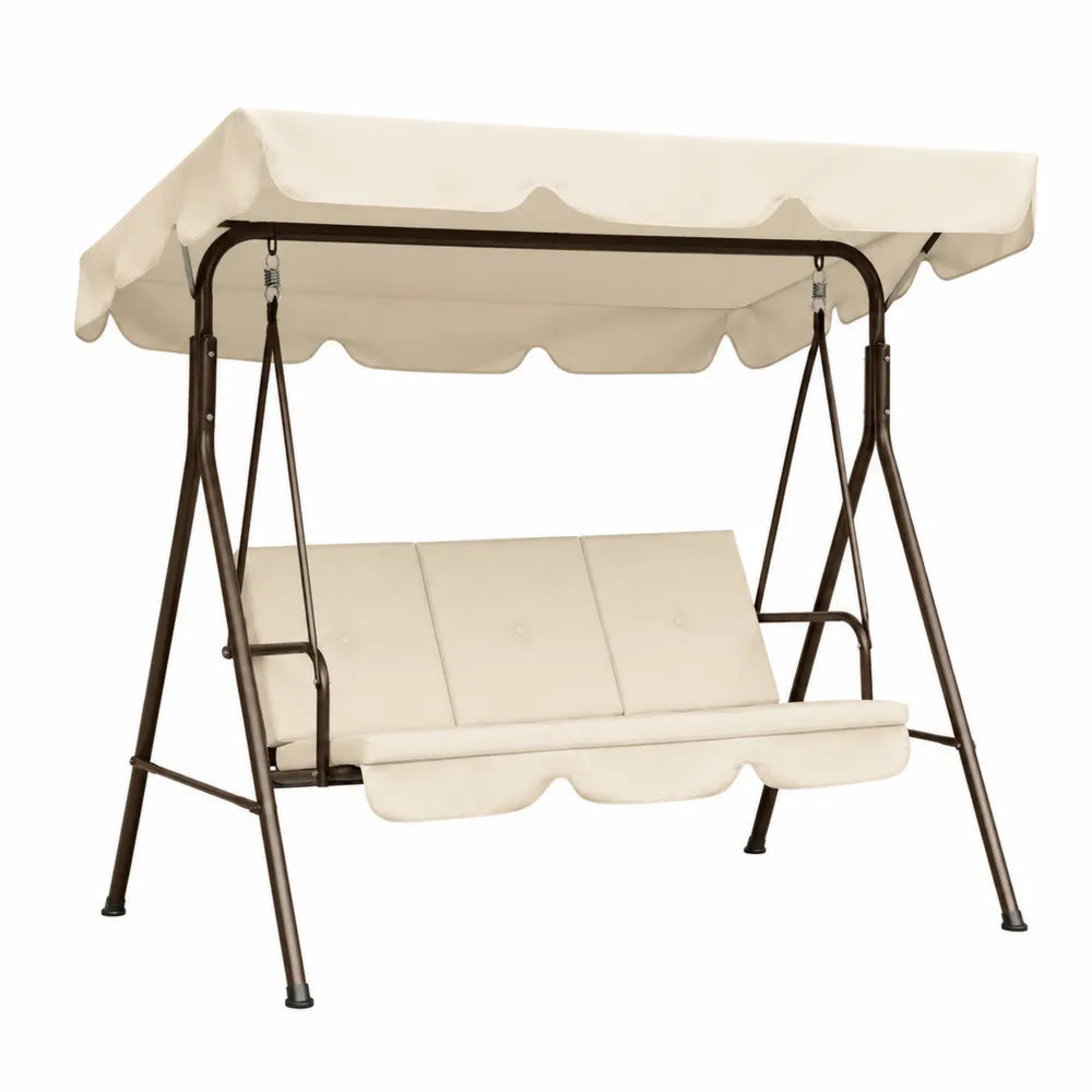 Balancelle de jardin 3 places avec auvent en acier brun coussins polyester beige 170 cm x 120 cm x 160 cm