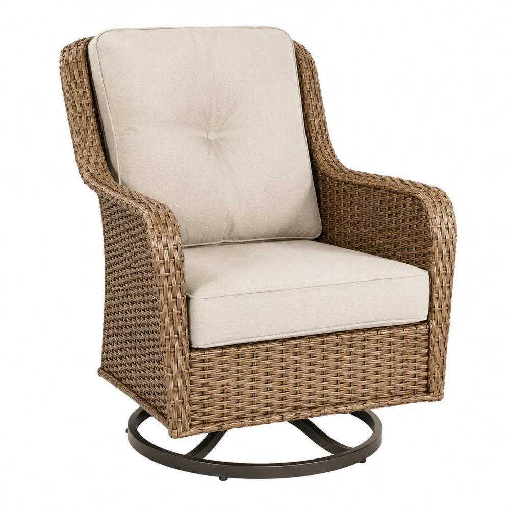 Fauteuil pivotant de jardin en résine tressée avec coussin polyester beige et base en acier noir 75 cm x 80 cm x 90 cm