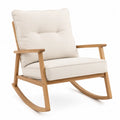 Fauteuil à bascule de jardin en bois d’acacia avec coussins polyester beige et accoudoirs en bois naturel