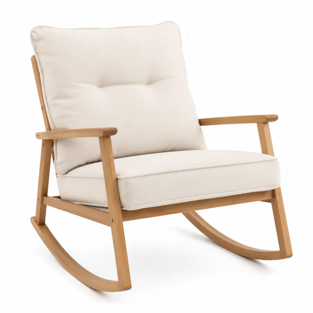 Fauteuil à bascule de jardin en bois d’acacia avec coussins polyester beige et accoudoirs en bois naturel