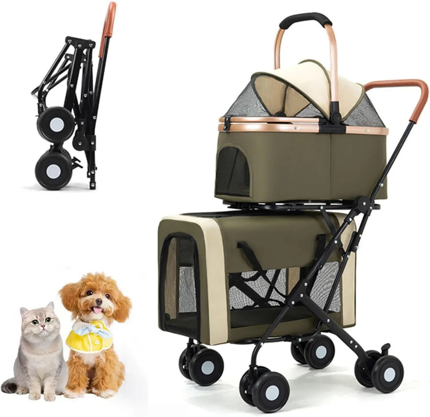 Poussette pour animaux - pliable, avec roulettes, avec ceinture de sécurité, vert