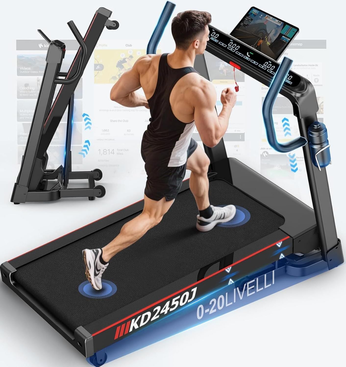 Tapis de marche - pliable, réglable, connexion Bluetooth, vitesse réglable, 180kg, 7HP, 18km/H