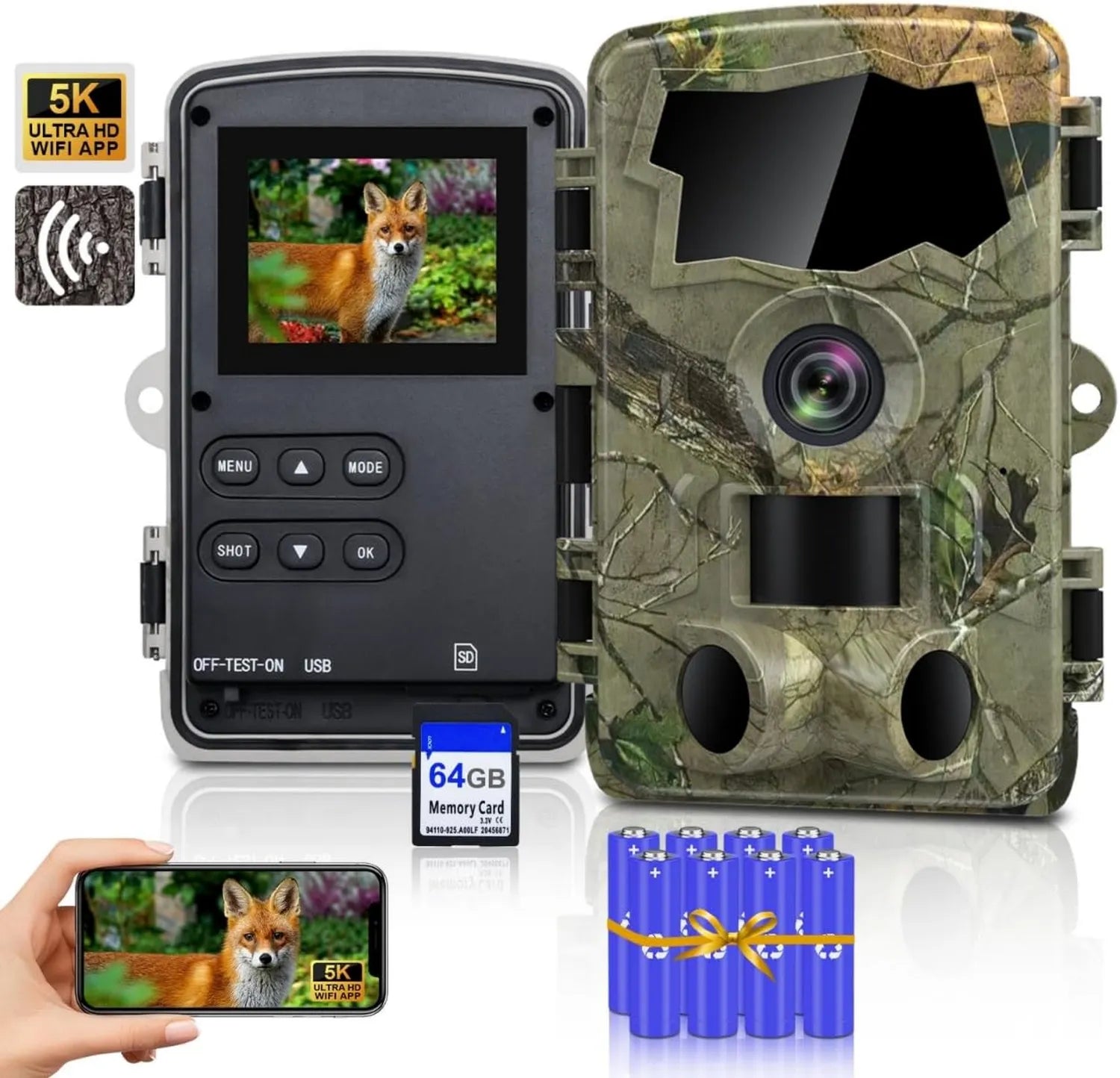 Caméra de Chasse 5K WiFi: commande via application, avec caméra, connexion Wi-Fi, 64 MP