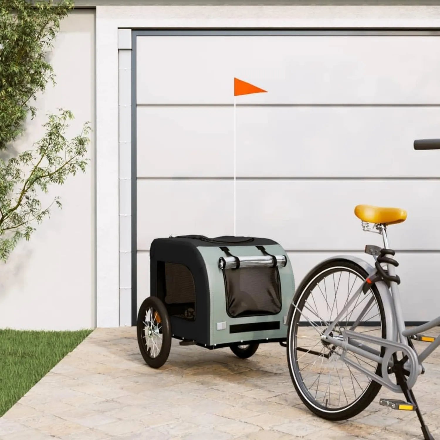 Remorque vélo pour animaux – pliable, aération en maille, gris