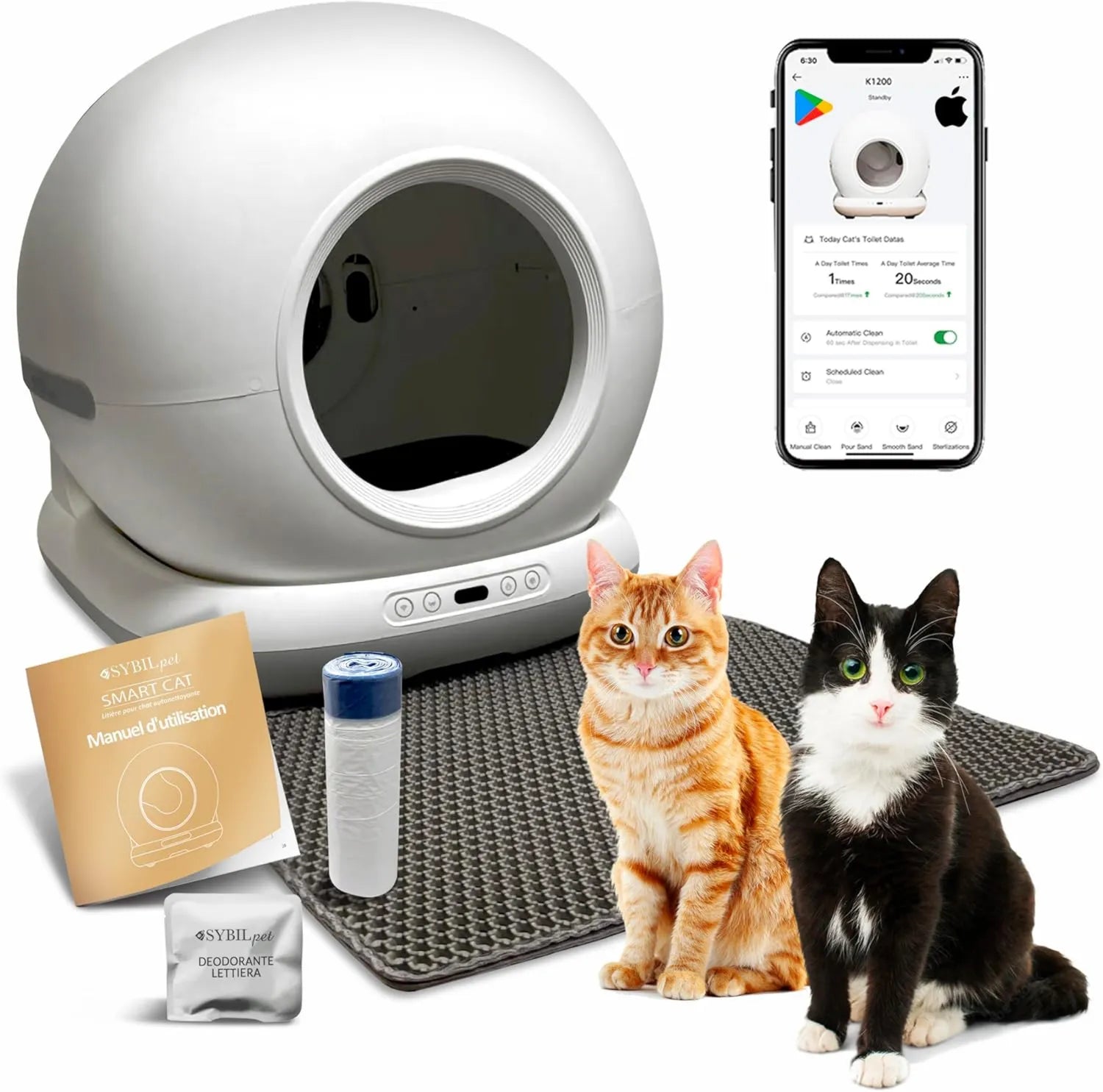 Litière autonettoyante pour chat - commande via application, 72L