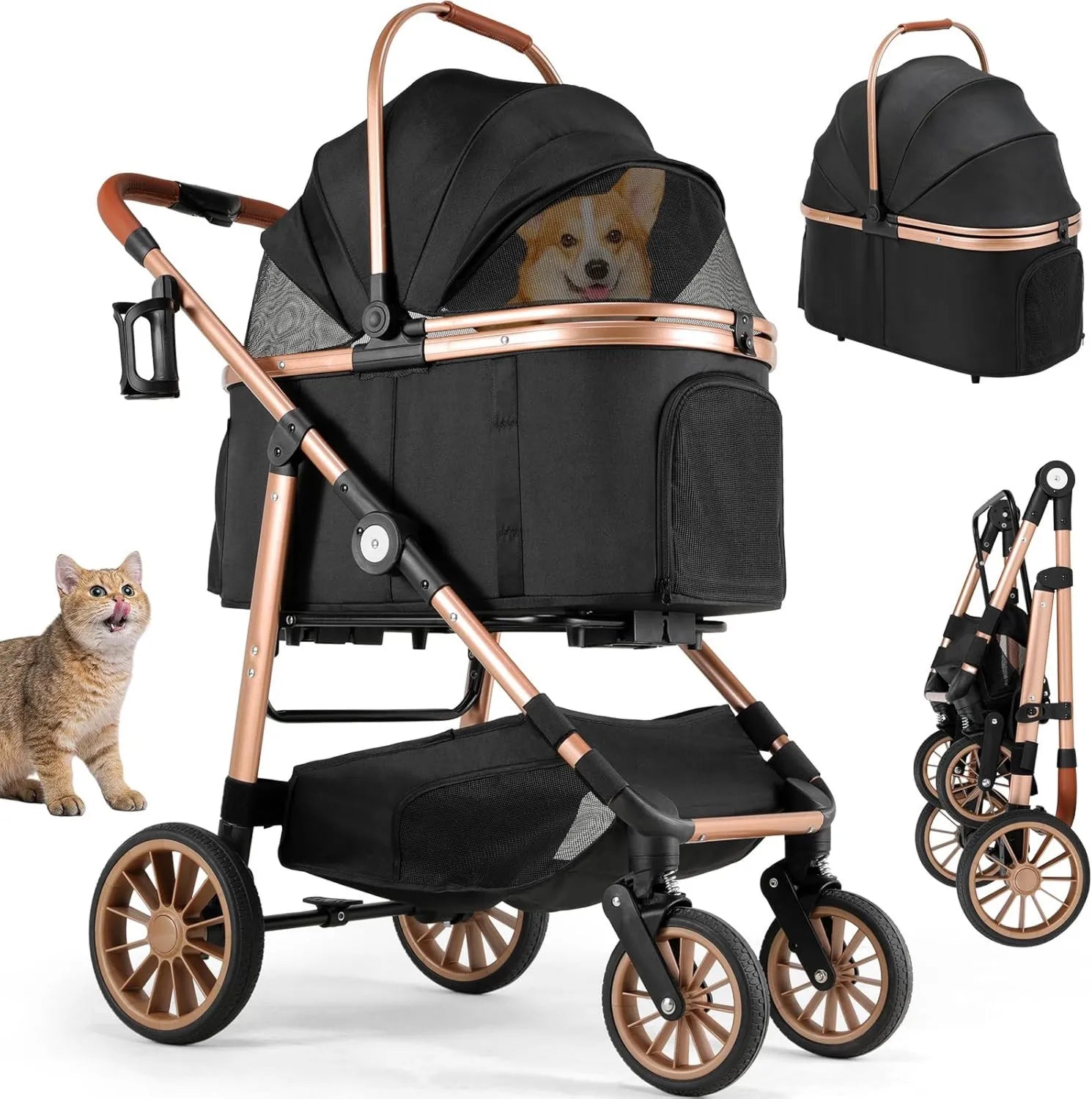 Poussette pour animaux - pliable, avec roulettes, 25 kg, noir