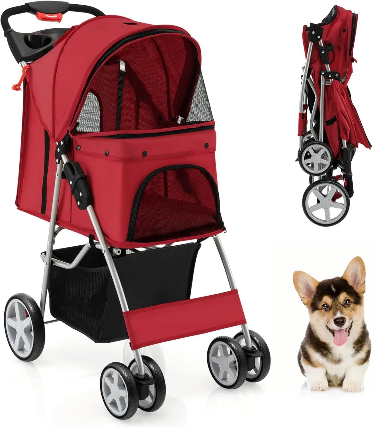 Poussette pour animaux – pliable, avec roulettes, avec ceinture de sécurité, 81×45×101cm, 15KG, rouge